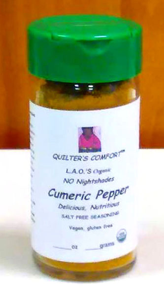 L.A.O.'s Organic Cumeric Pepper contains a blend of certified organic Cumin, Tumeric and Black Pepper and Kelp.  Reach for the Cumeric Pepper the next time you think pepper.  Cumeric Pepper's Cumin has been used in traditional medicine to   help digestion, relieve gas, diarrhea, indigestion, lack of appetite    and nausea.  A good source of iron   and may have   anti-carcinogenic properties.  