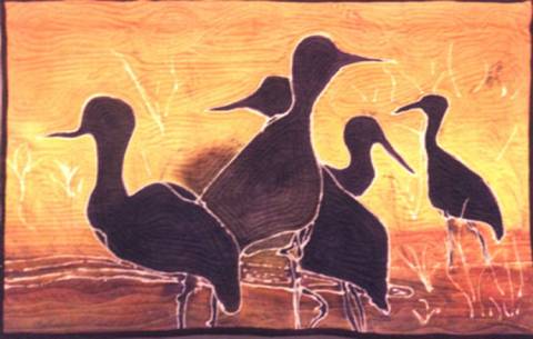 Cranes at Sunset, painted resist on cotton, machine stitched.  Whole cloth. 1990's Patricia C. Coleman